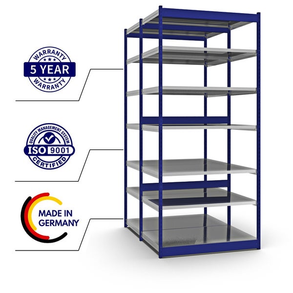 PROREGAL Fachbodenregal Stecksystem Vierkant-Profil Grundregal HxBxT 300 x 132,5 x 80 cm 2x7 Ebenen Doppelseitige Bauart Fachlast 200 kg Enzianblau