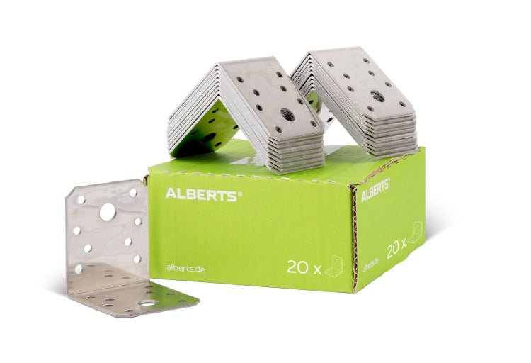 Stapel von 20 Stück Alberts Winkelverbindern aus Metall auf einer Produktverpackung