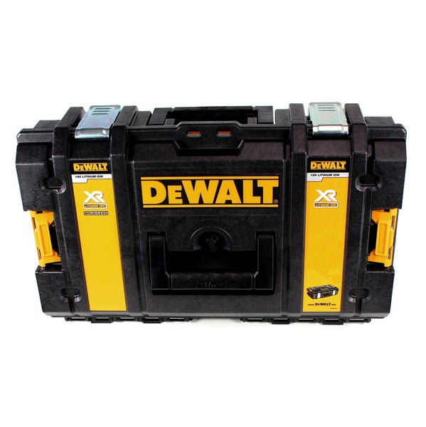 Schwarzer und gelber Werkzeugkoffer aus Kunststoff mit DeWALT Logo für 18 Volt Lithium-Ionen-Geräte mit Metallverschlüssen und Clips zum Stapeln.
