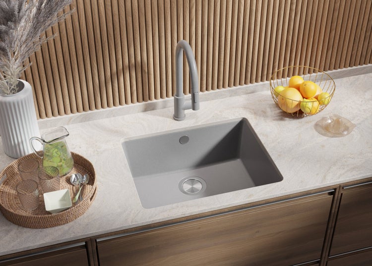 PRIMAGRAN Unterbauspüle Granit Grau 56x44cm, Spülbecken 1 Becken + Ablauf-Set, Granitspüle ab 60er Unterschrank - Venedig Easy