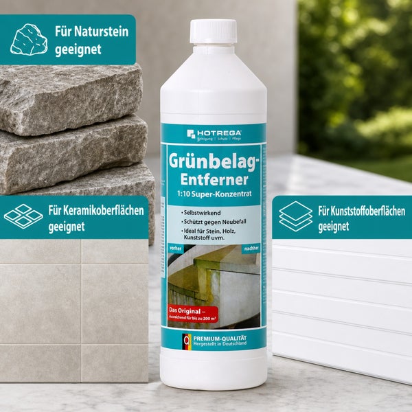 Hotrega Grünbelag-Entferner Konzentrat zur Reinigung von Naturstein, Keramik und Kunststoffoberflächen.