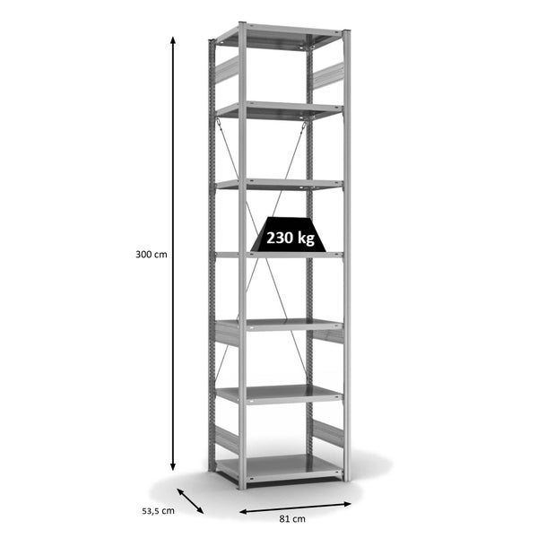 PROREGAL Fachbodenregal Stecksystem T-Profil Medium-Duty Grundregal HxBxT 300 x 75 x 50 cm 7 Ebenen Fachlast 230 kg Einseitig Nutzbar Verzinkt