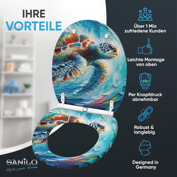 Sanilo WC Sitz mit Schildkröte Motiv, einfache Montage, abnehmbar und langlebig, Design aus Deutschland.