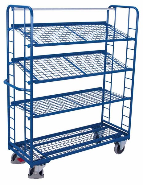 Etagenwagen aus blauem Metall mit vier Gitterböden und vier Lenkrollen.