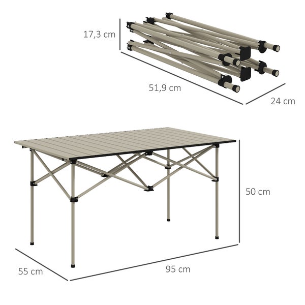 Outsunny Campingtisch Klapptisch mit Aufrollbare Tischplatte X-Rahmen Gartentisch aus Aluminium leicht 2 Personen Beistelltisch Falttisch für Garten Balkon Camping 95 x 55cm Khaki