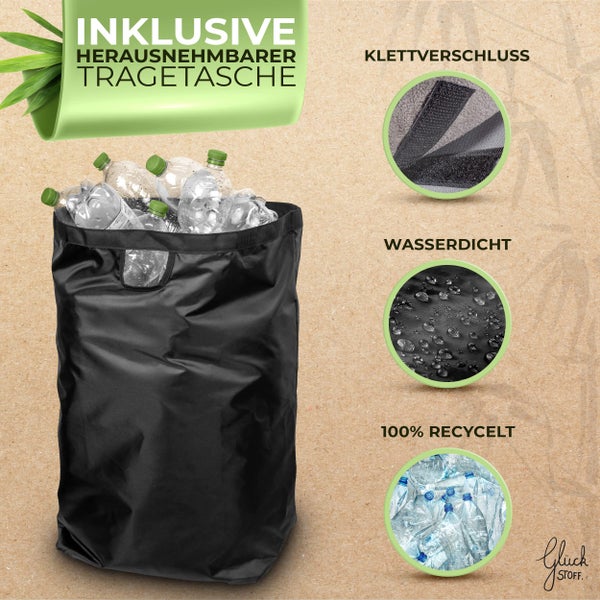 Glückstoff® Pfandflaschen Sammelbehälter [INKL. TRAGETASCHE] - Flaschensammler Leergut - PET Flaschen Pfandbehälter - Flaschensammler - Pfandflaschen Aufbewahrung - Pfandbehälter Einwurf - 100 Liter