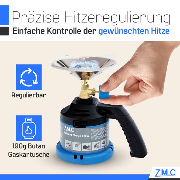 Z.M.C Campingkocher 1-flammig mit Griff, inkl. 190g Gaskartuschen, Kleiner Gasgrill & Kohleanzünder, Kartuschenkocher für Stechkartuschen, tragbarer Gaskocher für Camping & Outdoor und Indoor
