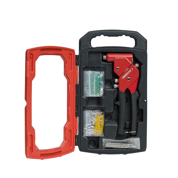 Arrow Nietzange im Set mit Nieten und Bohrern in einem schwarz-roten Transportkoffer.