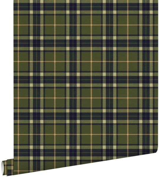 Tapete mit klassischem Tartan-Karomuster in Grün, Blau und Beige.