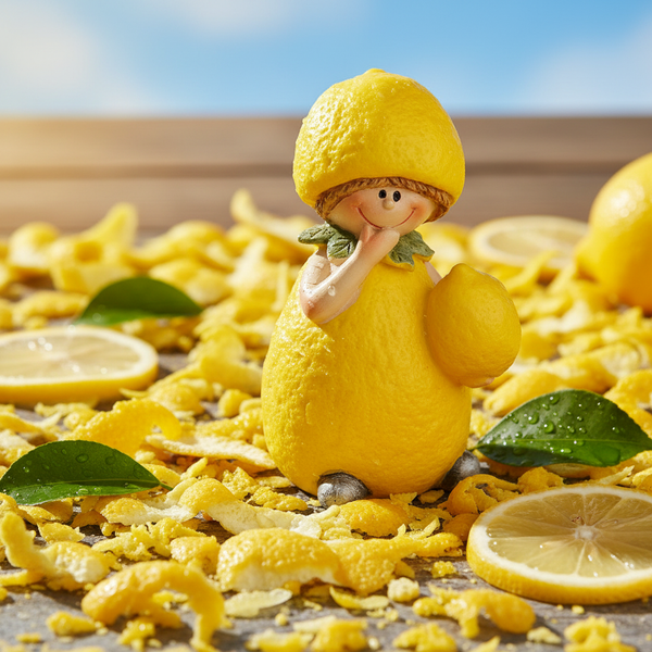 Dekofigur in Zitronenform mit Hut aus Fruchtschale, umgeben von Zitronenschalen und Fruchtscheiben.