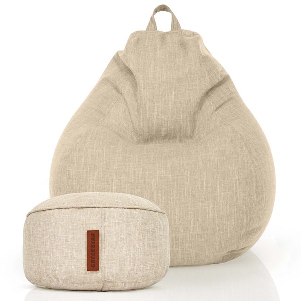 Green Bean 2er Set Indoor XXL Sitzsack + Hocker mit EPS-Perlen Füllung - Fußhocker Fußkissen Sitz-Pouf Bodenkissen Liegekissen Sitzkissen Lounge Chair Sitzhocker Relax-Sessel Bean Bag Sand Creme