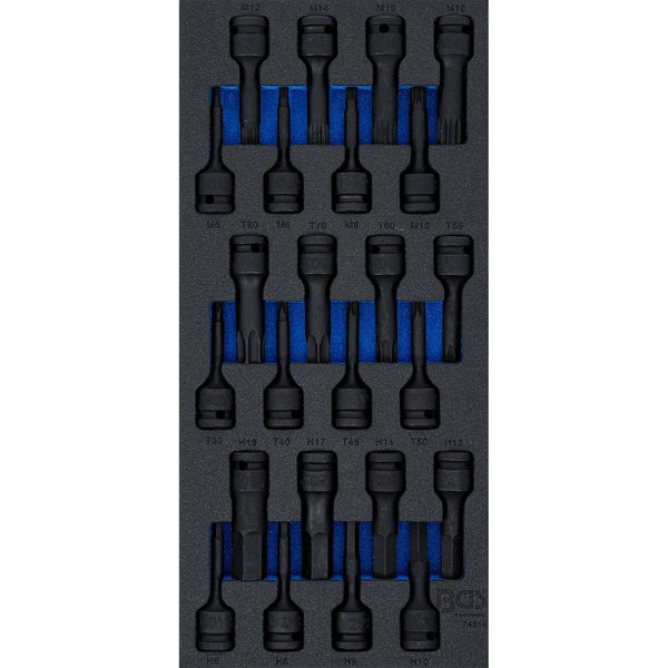 BGS Technic Bit-Einsatz-Set in schwarzer Schaumstoffeinlage mit Torx, Vielzahn und Innensechskant Profilen in verschiedenen Größen.