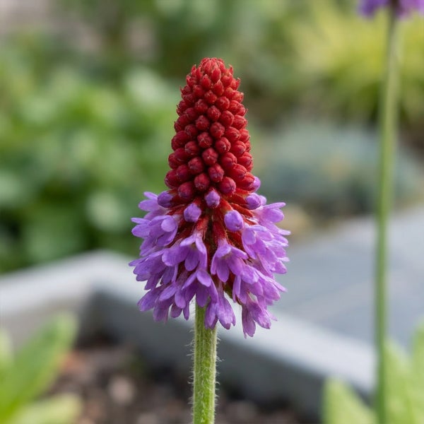 Schlüsselblume Primula vialii mit kegelförmigem Blütenstand, oben rote Knospen und unten violette Blüten auf grünem Stängel.