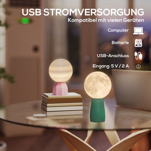 USB-Tischleuchten in Mond- und Planetendesign. Kompatibel mit Computer und Batterie. Eingang 5 Volt und 2 Ampere.