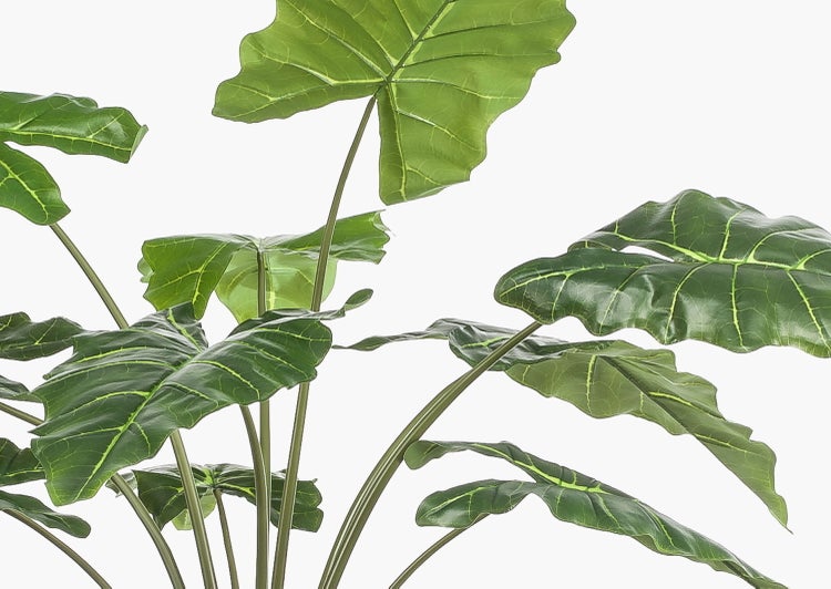 Künstliche Alocasia mit großen grünen Blättern, hellen Blattadern und strukturiertem braunem Stamm.
