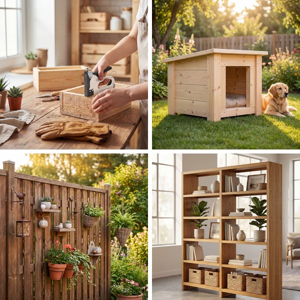 Collage verschiedener DIY-Holzprojekte: Bau einer Holzkiste mit Handtacker, Hundehütte im Garten, dekorierter Gartenzaun und ein großes Holzregal.