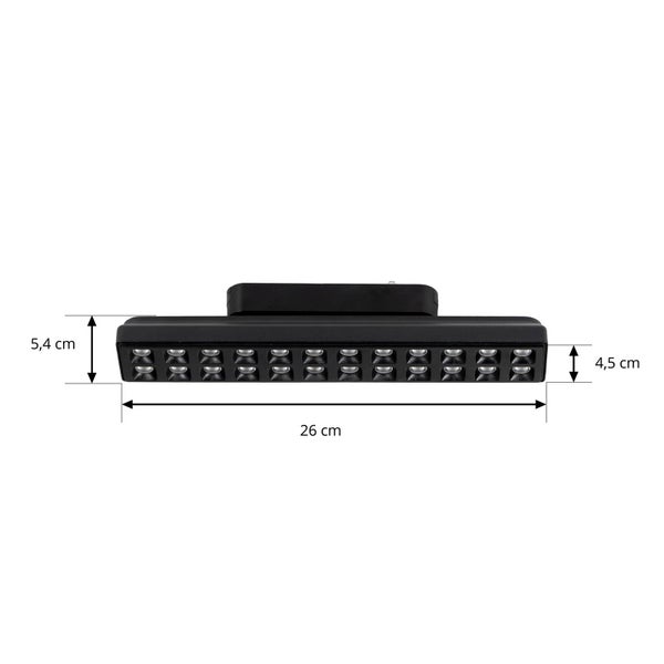 Schwarze LED-Wandleuchte mit 12 Lichtpunkten, Abmessungen: Breite 26 Zentimeter, Höhe 4,5 Zentimeter, Gesamthöhe 5,4 Zentimeter.