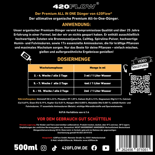 420Flow Bio All-in-One Dünger Produktinformation mit Dosierungstabelle, Inhaltsstoffen und QR-Code zur Videoanleitung.