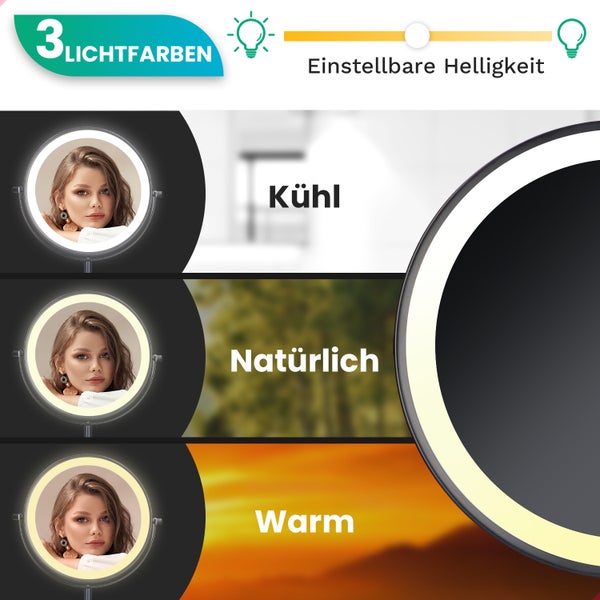 Mirlux Kosmetikspiegel mit LED Beleuchtung 10fache Vergrößerung Rund 3 Lichtstufen Wiederaufladbar  Schwarz
