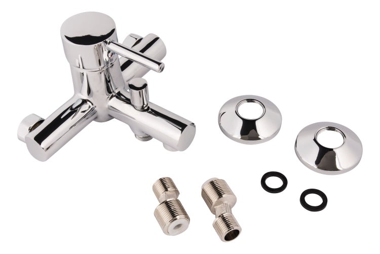 Calmwaters® Badewannenarmatur Honest Small, Wasserhahn Badewanne, Wannenarmatur mit Umsteller, Einhebelmischer mit Keramikkartusche, Brauseabgang 1/2, Aufputz-Montage, Messing, Chrom, 13PZ2560