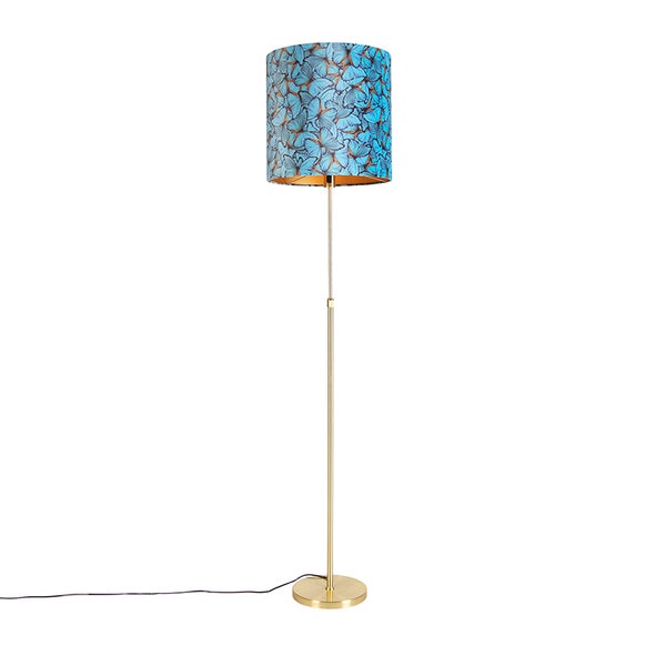 QAZQA - Klassisch I Antik Stehlampe Gold I Messing I Messing mit Veloursschirm Schmetterlinge 40I40 cm - Parte I Wohnzimmer I Schlafzimmer - Stahl Zylinder I Länglich I Rund - LED geeignet E27