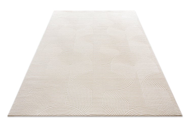 Beige Teppich mit abstraktem Wellenmuster und strukturierter Oberfläche.