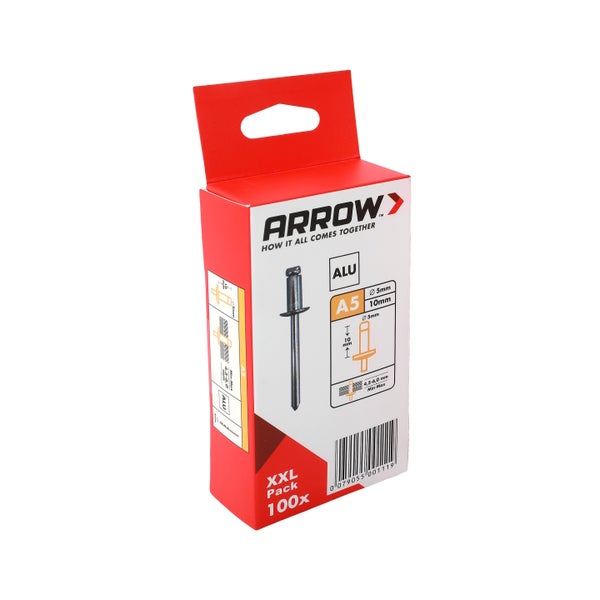 Arrow Blindnieten aus Aluminium, Durchmesser 5 Millimeter, Länge 10 Millimeter, XXL Packung mit 100 Stück.