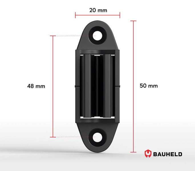 Abbildung einer Kabelklemme mit Maßangaben und Bauheld Logo