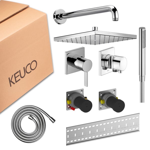 Keuco Duschset Unterputz bestehend aus quadratischer Kopfbrause, Stabhandbrause, Brauseschlauch, Armaturen, Montageschiene und Karton mit Keuco Logo.