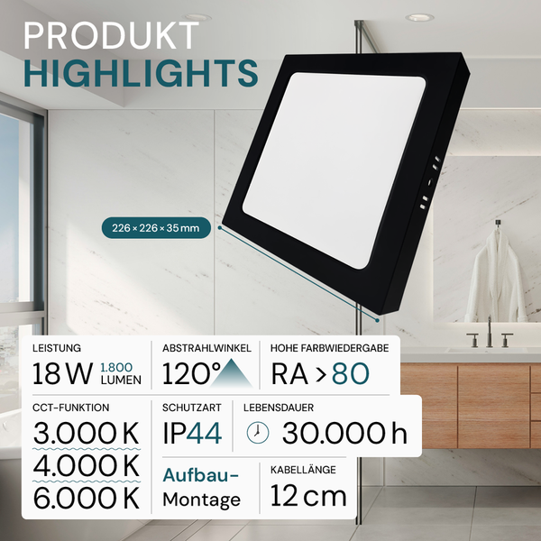 Quadratische LED-Deckenleuchte mit den Maßen 226 x 226 x 35 Millimeter und einer Leistung von 18 Watt zur Aufbaumontage.