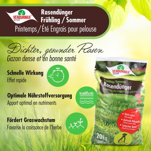Rasendünger Frühling und Sommer mit Hinweis zur Unbedenklichkeit für Kinder und Tiere nach der Bewässerung