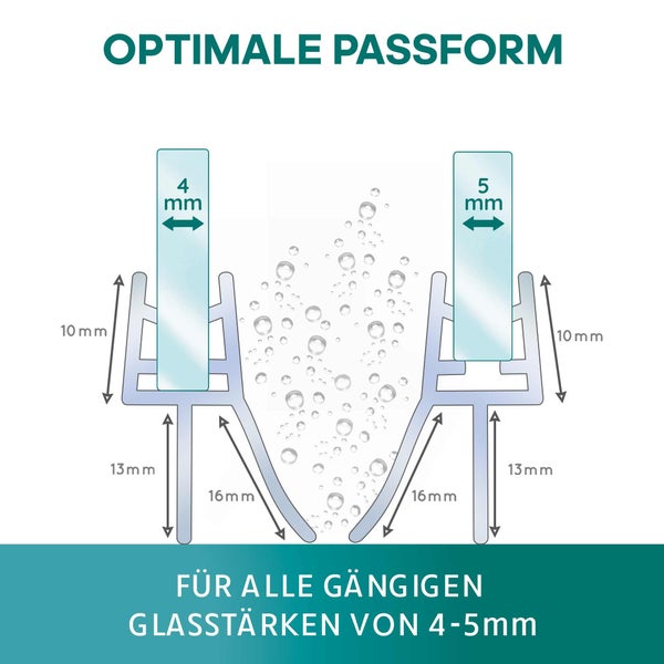 Technische Zeichnung einer Duschdichtung für Glasstärken von 4 bis 5 Millimeter mit Bemaßung der Dichtlippen von 13 und 16 Millimeter.