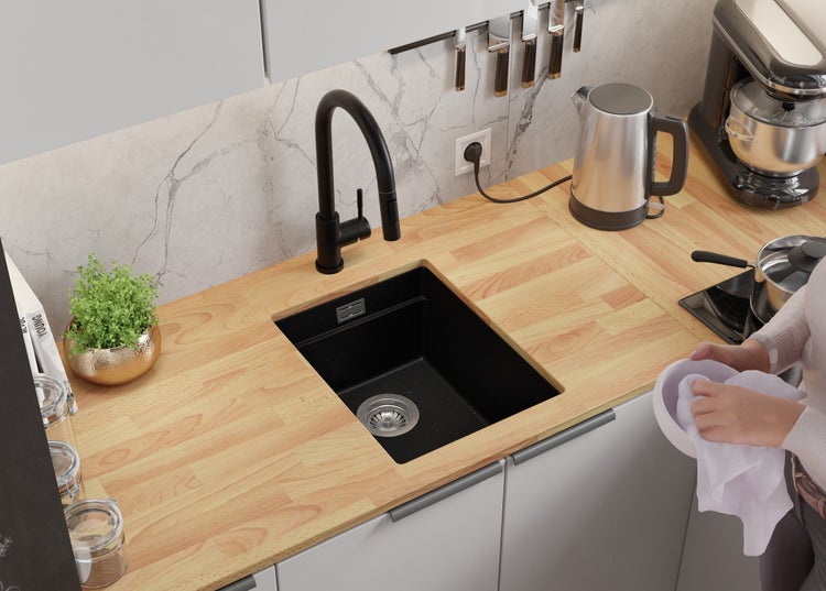 PRIMAGRAN Unterbauspüle Granit Schwarz Metallic 36x47cm, Spülbecken 1 Becken + Küchenarmatur 40x20cm + Ablauf-Set + Aufrollbare Abtropffläche, Granitspüle ab 40er Unterschrank - Praga