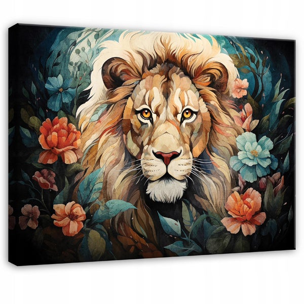 Wandbild auf Leinwand mit detailreichem Löwenkopf und bunten Blumen in künstlerischem Stil für die Wanddekoration.