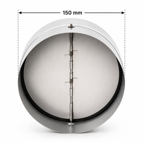 Rückstauklappe aus Metall für Lüftungsrohre mit einem Durchmesser von 150 Millimeter.
