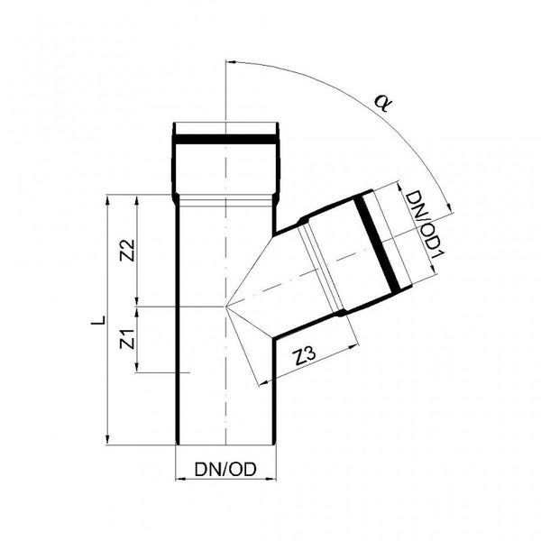 Technische Zeichnung eines Rohr-Abzweigs mit Maßangaben für Länge, Durchmesser und Winkel.
