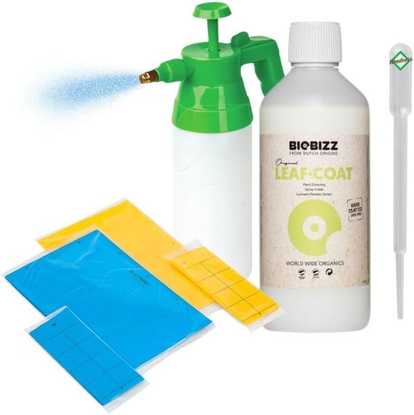 Pflanzenschutz Set bestehend aus Biobizz Leaf Coat, einem Drucksprühgerät, blauen und gelben Klebefallen sowie einer Pipette.
