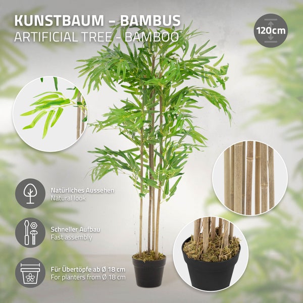 ML-Design Künstlicher Bambus 120 cm, Künstliche Pflanzen groß, Kunstpflanze mit Echtholzstamm, Fake Plastik Pflanze Dekoration im Topf für Indoor und Outdoor, Kunstbaum wie echt für Wohnzimmer Büro