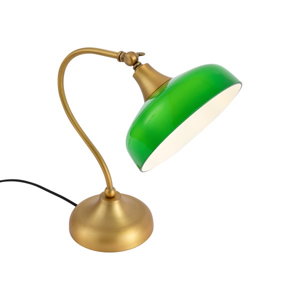 Klassische Schreibtischleuchte aus Metall in Messing-Optik mit verstellbarem, grünem Glasschirm.