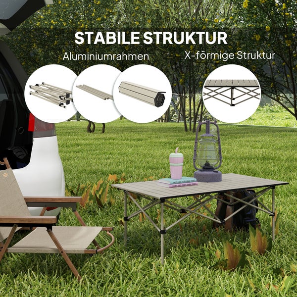 Outsunny Campingtisch Klapptisch mit Aufrollbare Tischplatte X-Rahmen Gartentisch aus Aluminium leicht 2 Personen Beistelltisch Falttisch für Garten Balkon Camping 95 x 55cm Khaki
