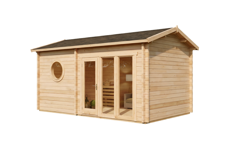 Modernes Gartenhaus aus Holz mit Glastüren und Rundfenster auf einer Holzterrasse in einem beleuchteten Garten bei Dämmerung.