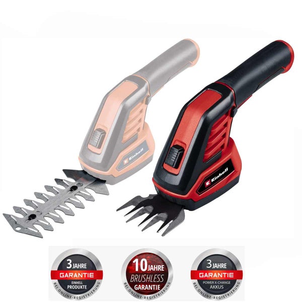 Einhell Akku-Gras- und Strauchschere mit Messern, 3 Jahre Produkt- und Akkugarantie sowie 10 Jahre Brushless-Garantie bei Online-Registrierung.