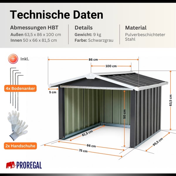 Proregal Mähroboter Garage aus Stahl mit Maßen 63,5 mal 86 mal 100 Zentimeter. Inklusive Bodenanker und Handschuhe. Gewicht 9 Kilogramm.