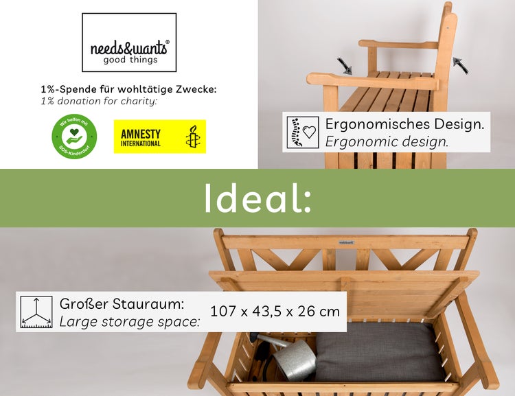 needs&wants® Gartenbank Holz wetterfest mit Stauraum und Abdeckung, 2-Sitzer Truhenbank Holzbank klassisch, Parkbank Sitzbank massiv Garten Outdoor mit Truhe, Naturholz Massivholz, dunkel-braun