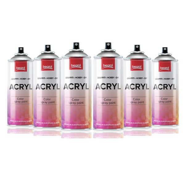 Sechs Dosen Acrylfarbspray der Marke Beorol für Graffiti, Hobby und Heimwerken