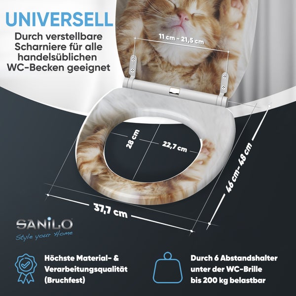 WC-Sitz mit Katzenmotiv, verstellbaren Scharnieren, Maßangaben von 37,7 mal 46 bis 48 Zentimeter, belastbar bis 200 Kilogramm, Sanilo Logo.