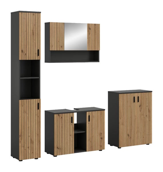 Badezimmer-Möbelset mit Holzlamellen und anthrazitfarbenem Korpus: Hochschrank, Spiegelschrank, Waschbeckenunterschrank und Beistellschrank.
