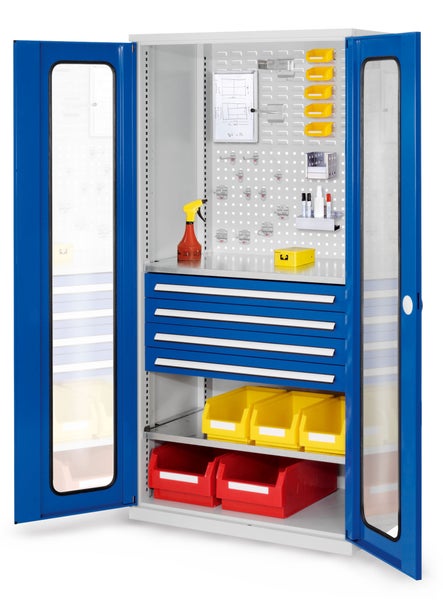 Werkstattschrank mit Schubladen und Sichtfenstertüren