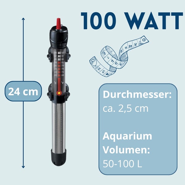 Aquarienheizer mit 100 Watt Leistung und einer Länge von 24 cm, geeignet für ein Aquariumvolumen von 50 bis 100 Litern