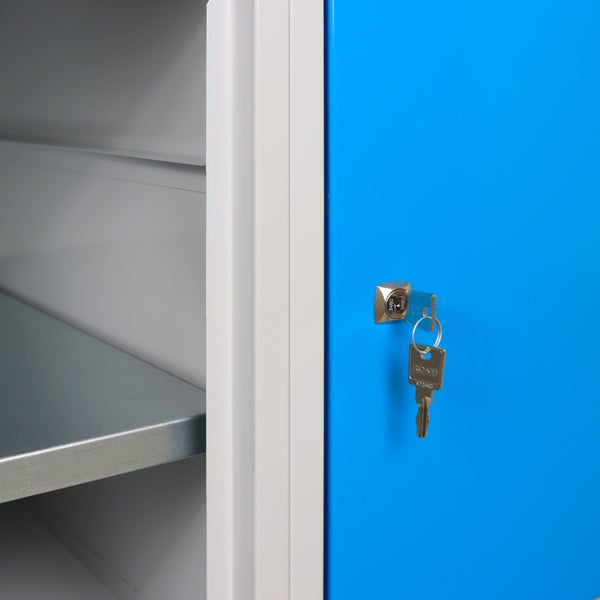 PROREGAL Werkbank Rhino mit Ablagefläche 1 Tür Regalteil HxBxT 84 x 120 x 60 cm Traglast 300 kg Lichtgrau Blau